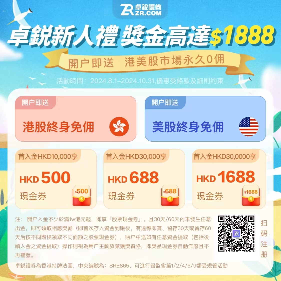 卓锐证券港美股终身0佣金，新人注册可得高达1888HKD奖励